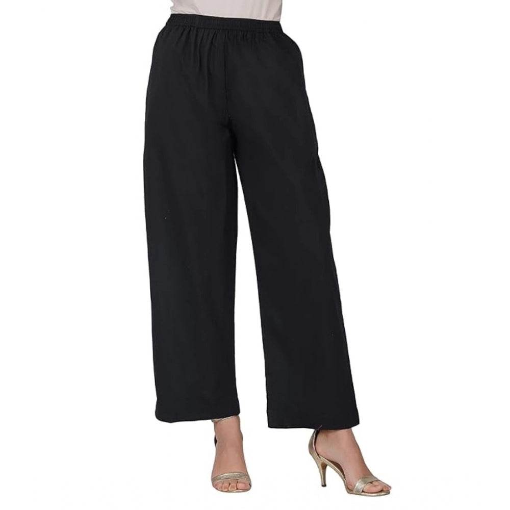 Generic Women's Casual Cotton Cambric Solid Elastic Palazzo Trousers (Black) - MYLUXURY LANE ENTERPRISE