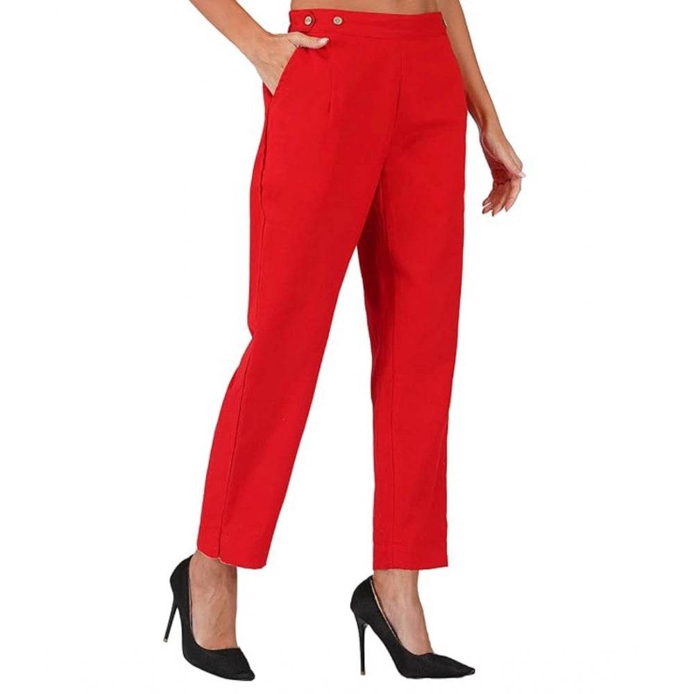 Generic Women's Casual Cotton Flax Solid Adjustable Waist Trouser Pants (Red) - MYLUXURY LANE ENTERPRISE