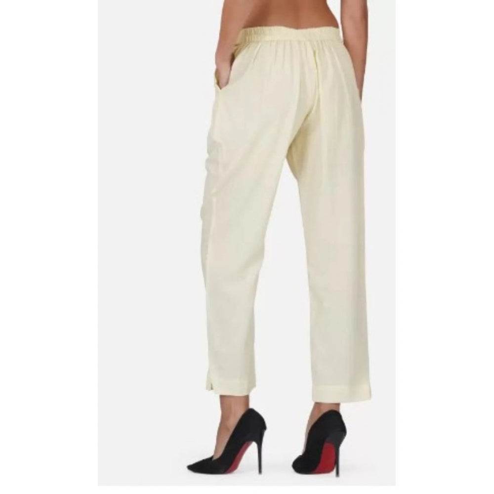 Generic Women's Casual Cotton Flax Solid Adjustable Waist Trouser Pants (Cream) - MYLUXURY LANE ENTERPRISE