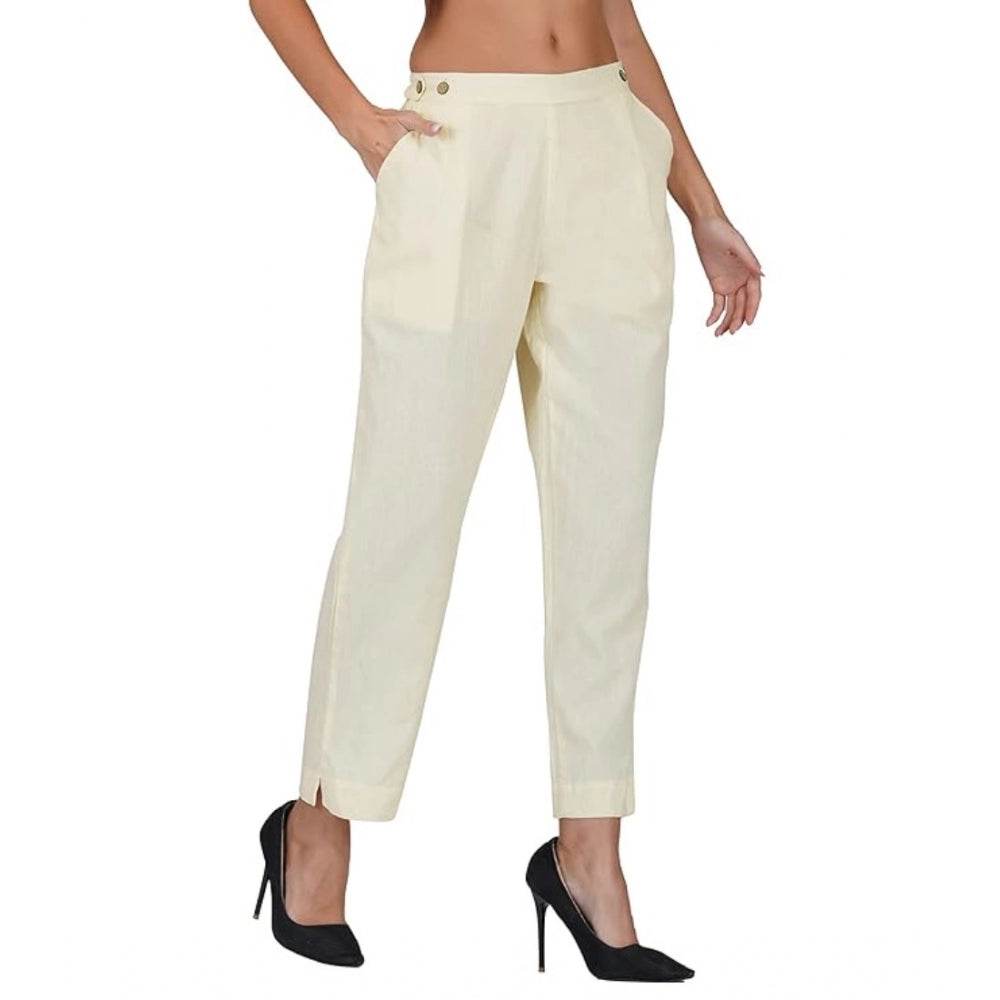 Generic Women's Casual Cotton Flax Solid Adjustable Waist Trouser Pants (Cream) - MYLUXURY LANE ENTERPRISE