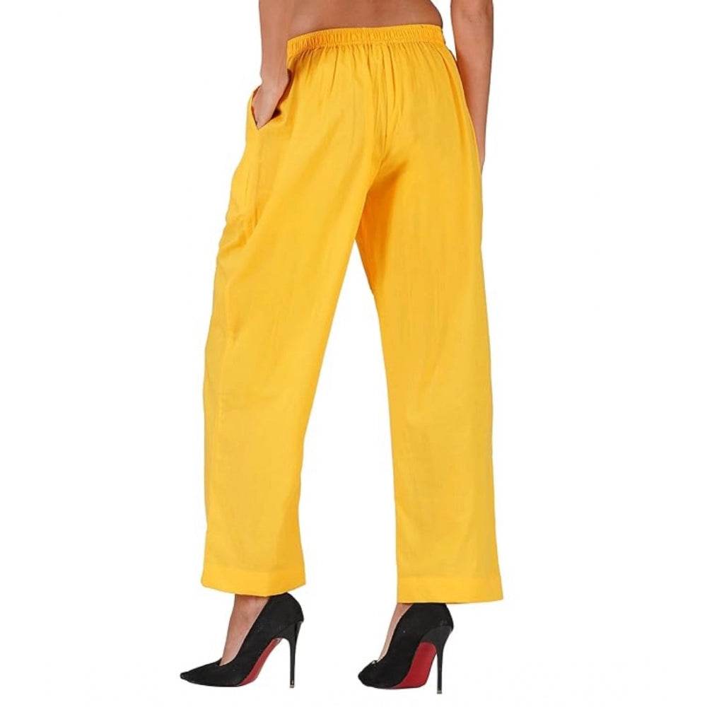 Generic Women's Casual Cotton Cambric Solid Elastic Palazzo Trousers (Yellow) - MYLUXURY LANE ENTERPRISE