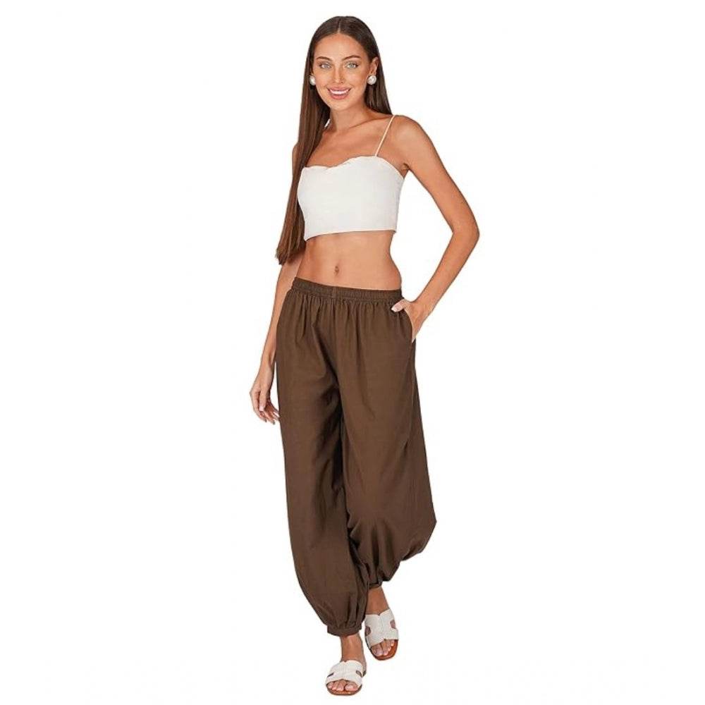 Generic Women's Casual Cotton Cambric Solid Elastic Waist Patiala Harem Pants (Brown) - MYLUXURY LANE ENTERPRISE