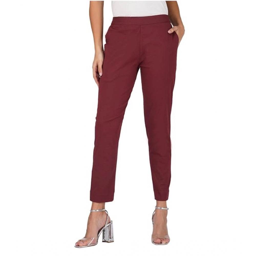 Generic Women's Casual Cotton Lycra Solid Trouser Pants (Maroon) - MYLUXURY LANE ENTERPRISE