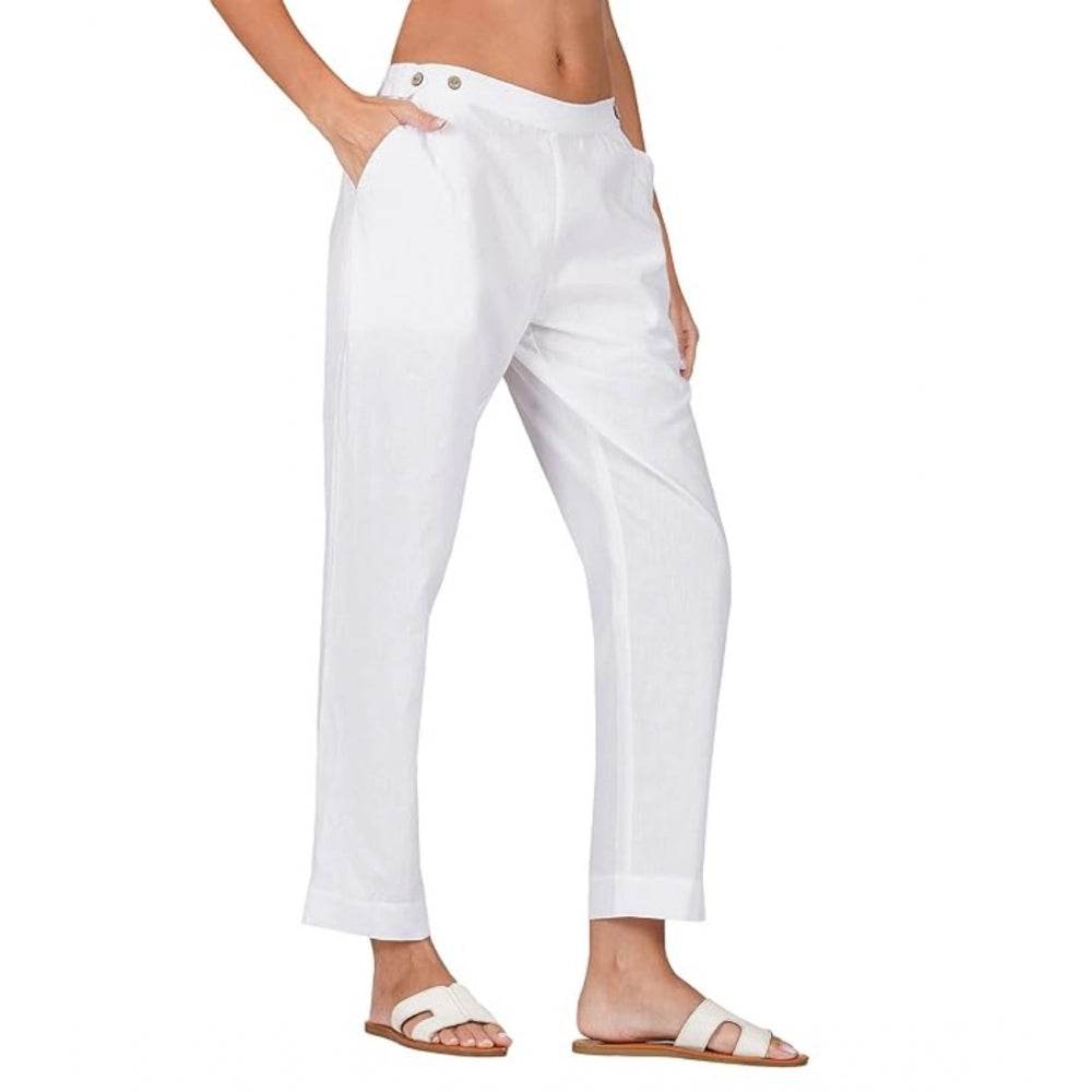 Generic Women's Casual Cotton Flax Solid Adjustable Waist Trouser Pants (White) - MYLUXURY LANE ENTERPRISE