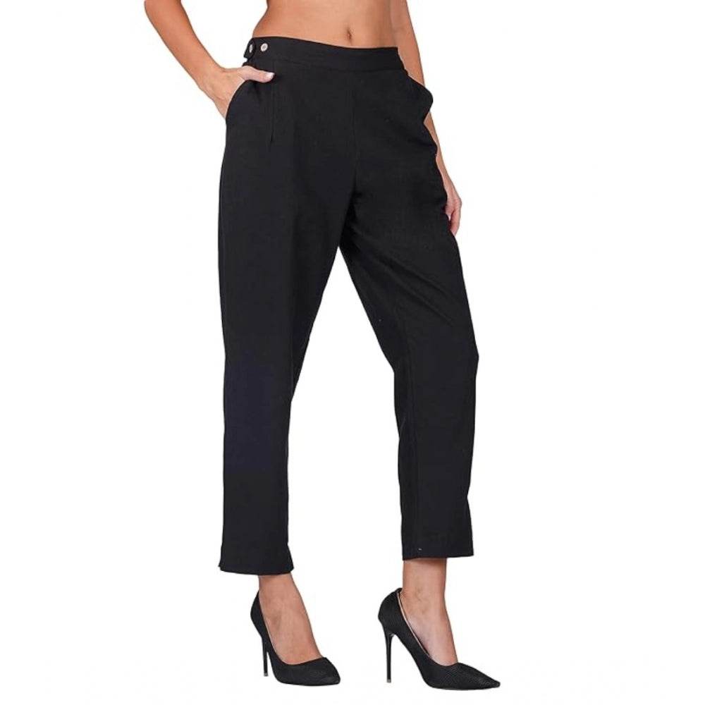 Generic Women's Casual Cotton Flax Solid Adjustable Waist Trouser Pants (Black) - MYLUXURY LANE ENTERPRISE