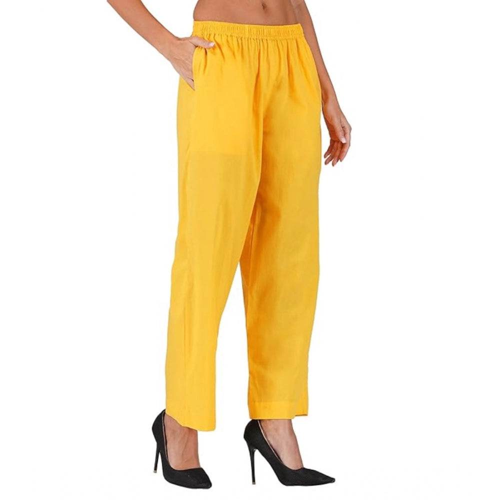 Generic Women's Casual Cotton Cambric Solid Elastic Palazzo Trousers (Yellow) - MYLUXURY LANE ENTERPRISE