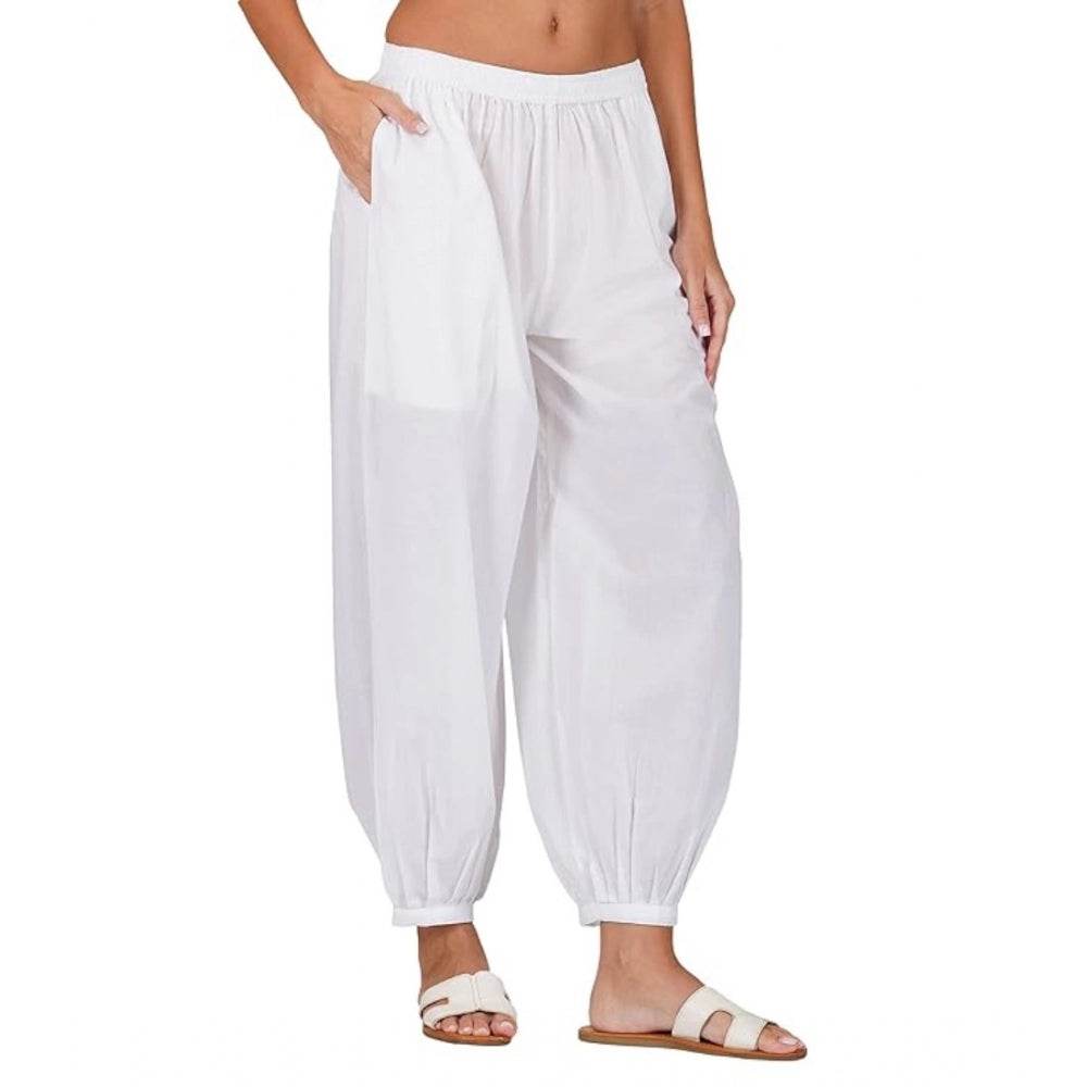 Generic Women's Casual Cotton Cambric Solid Elastic Waist Patiala Harem Pants (White) - MYLUXURY LANE ENTERPRISE