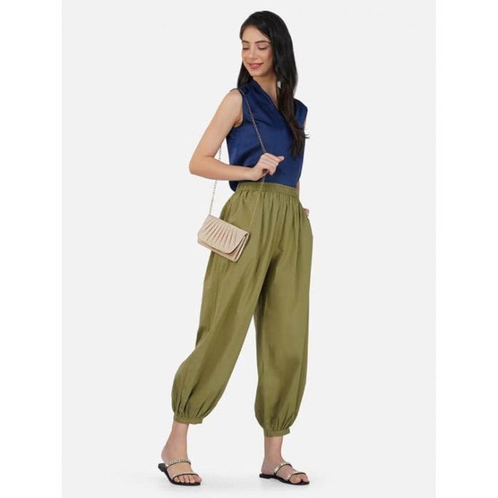 Generic Women's Casual Cotton Cambric Solid Elastic Waist Patiala Harem Pants (Green) - MYLUXURY LANE ENTERPRISE