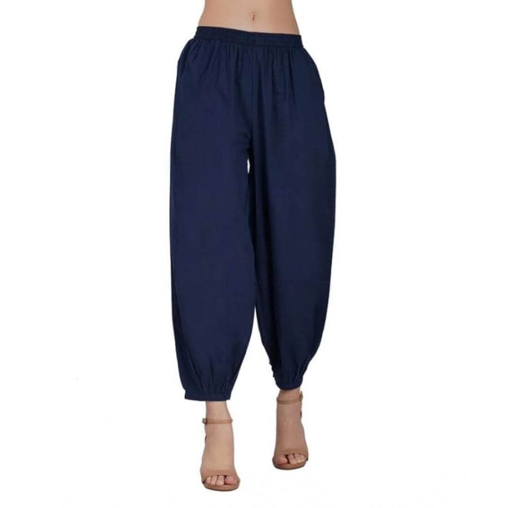 Generic Women's Casual Cotton Cambric Solid Elastic Waist Patiala Harem Pants (Navy Blue) - MYLUXURY LANE ENTERPRISE