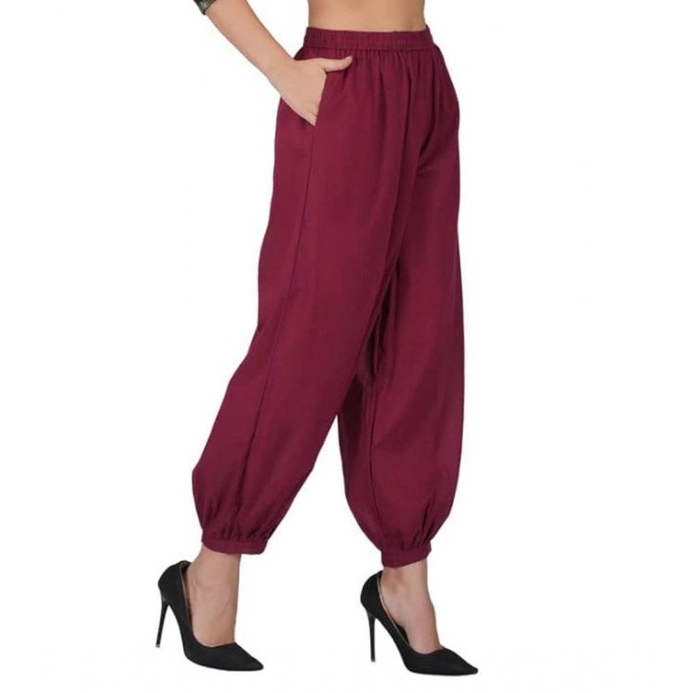 Generic Women's Casual Cotton Cambric Solid Elastic Waist Patiala Harem Pants (Maroon) - MYLUXURY LANE ENTERPRISE