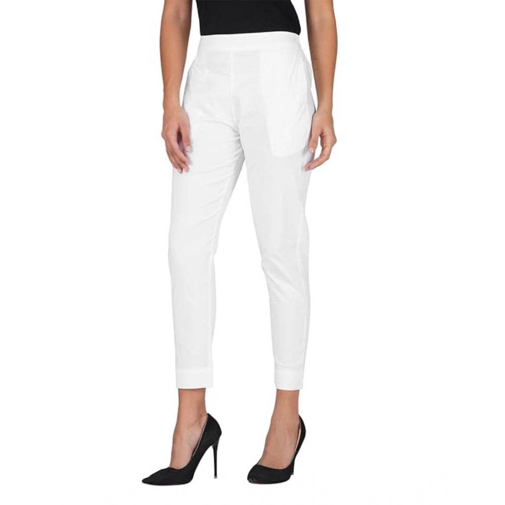 Generic Women's Casual Cotton Lycra Solid Trouser Pants (White) - MYLUXURY LANE ENTERPRISE