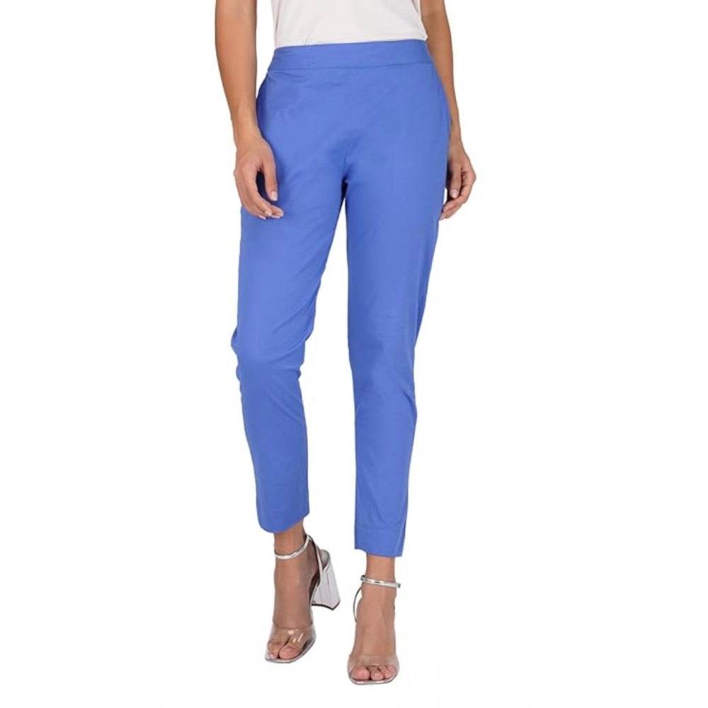 Generic Women's Casual Cotton Lycra Solid Trouser Pants (Blue) - MYLUXURY LANE ENTERPRISE