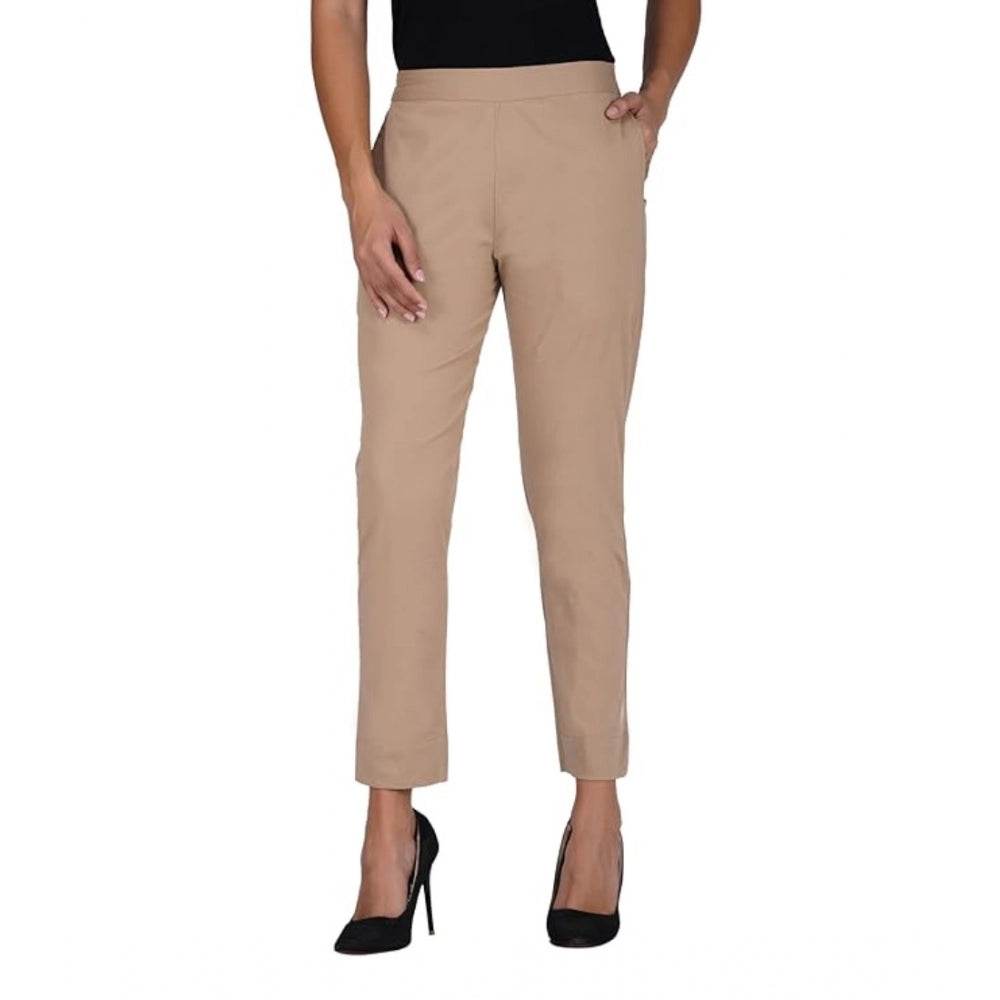 Generic Women's Casual Cotton Lycra Solid Trouser Pants (Beige) - MYLUXURY LANE ENTERPRISE