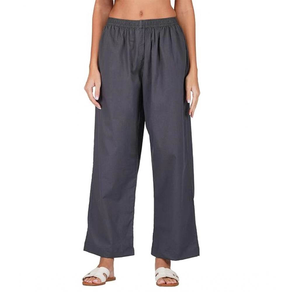 Generic Women's Casual Cotton Cambric Solid Elastic Palazzo Trousers (Dark Grey) - MYLUXURY LANE ENTERPRISE