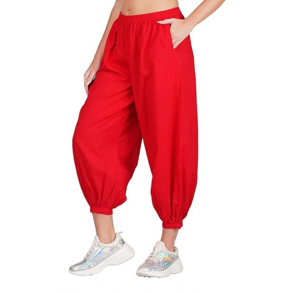 Generic Women's Casual Cotton Cambric Solid Elastic Waist Patiala Harem Pants (Red) - MYLUXURY LANE ENTERPRISE