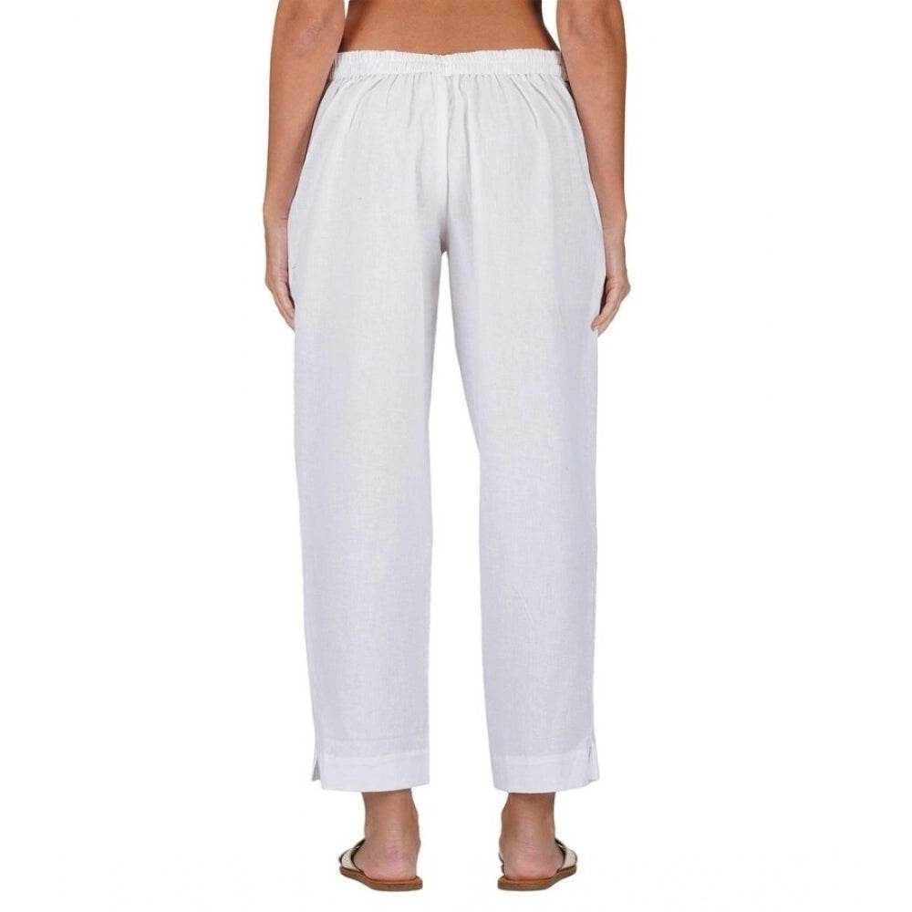 Generic Women's Casual Cotton Flax Solid Adjustable Waist Trouser Pants (White) - MYLUXURY LANE ENTERPRISE
