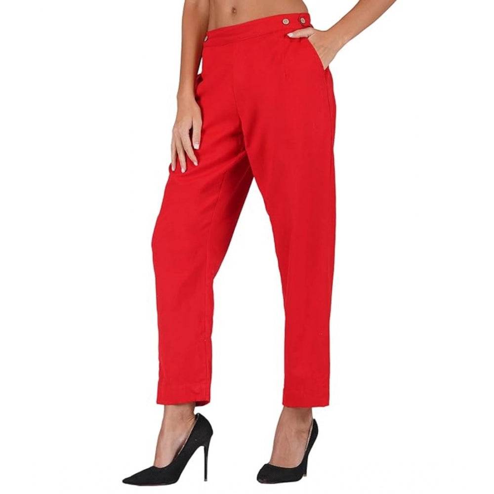 Generic Women's Casual Cotton Flax Solid Adjustable Waist Trouser Pants (Red) - MYLUXURY LANE ENTERPRISE