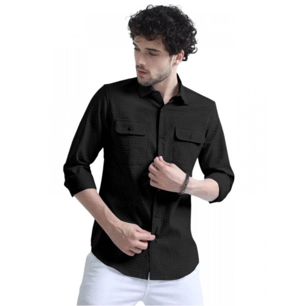 Generic Men's Casual Short Sleeve Striped Cotton Blended Shirt (Black) - MYLUXURY LANE ENTERPRISE