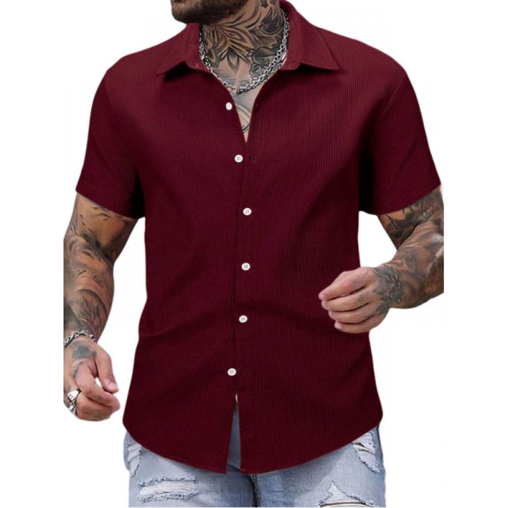 Generic Men's Casual Short Sleeve Striped Cotton Blended Shirt (Maroon) - MYLUXURY LANE ENTERPRISE
