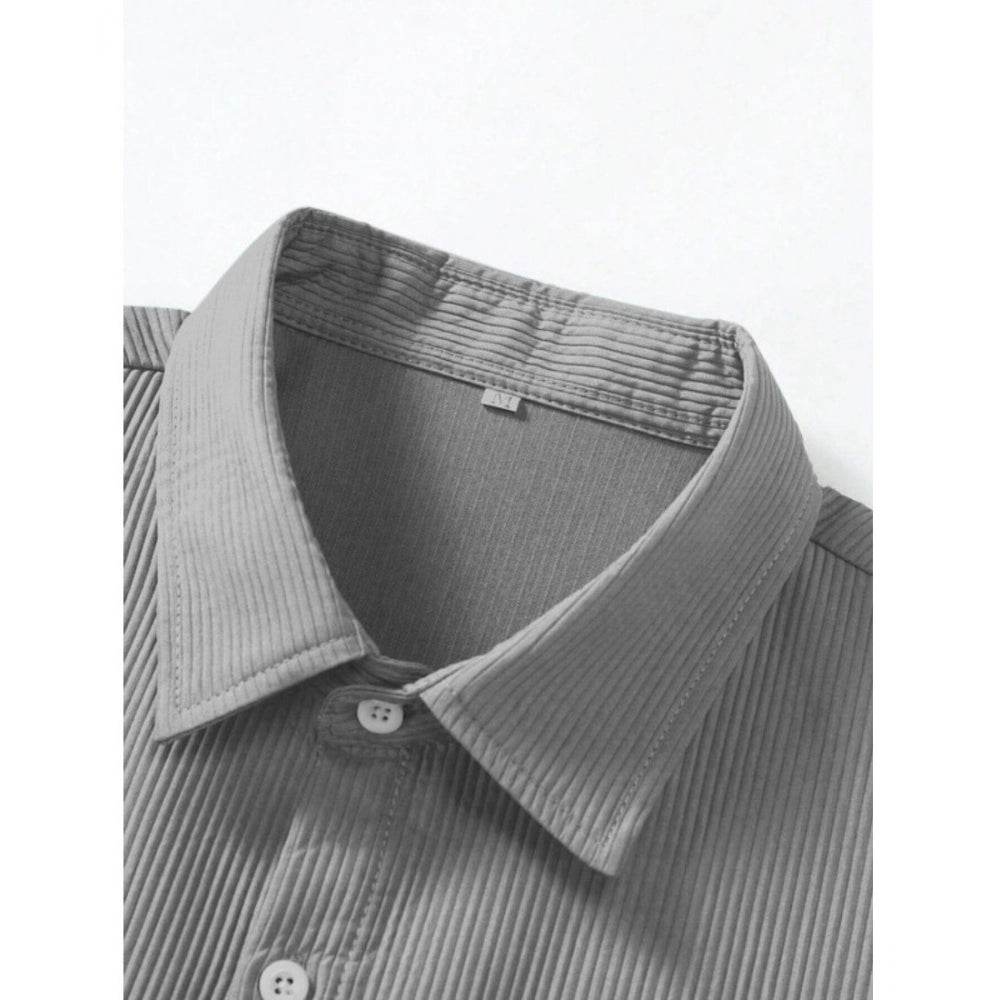 Generic Men's Casual Short Sleeve Striped Cotton Blended Shirt (Grey) - MYLUXURY LANE ENTERPRISE