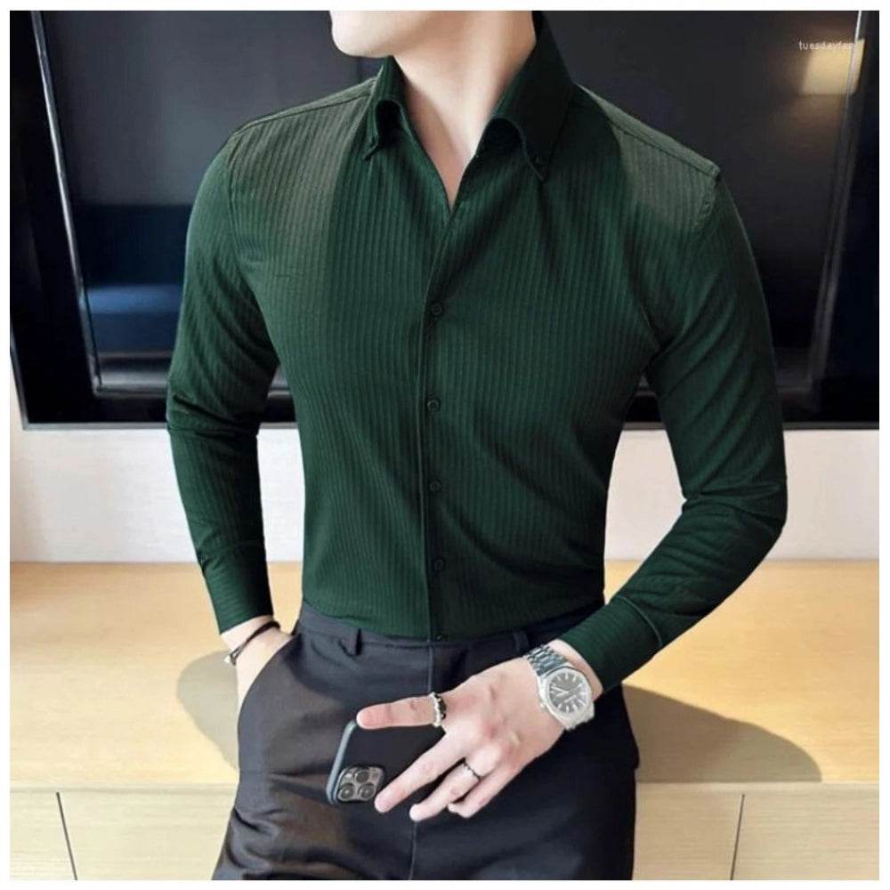Generic Men's Casual Full Sleeve Striped Cotton Blended Shirt (Green) - MYLUXURY LANE ENTERPRISE