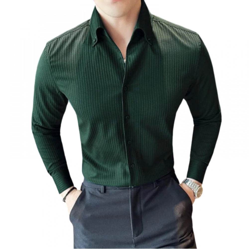 Generic Men's Casual Full Sleeve Striped Cotton Blended Shirt (Green) - MYLUXURY LANE ENTERPRISE