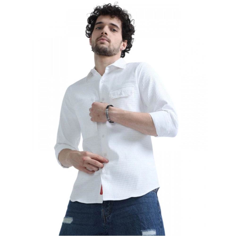 Generic Men's Casual Short Sleeve Striped Cotton Blended Shirt (White) - MYLUXURY LANE ENTERPRISE
