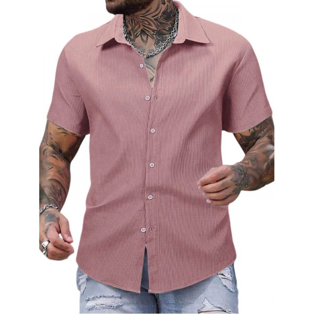 Generic Men's Casual Short Sleeve Striped Cotton Blended Shirt (Pink) - MYLUXURY LANE ENTERPRISE
