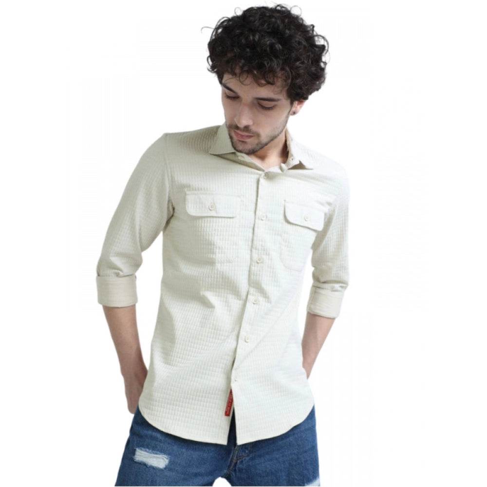 Generic Men's Casual Full Sleeve Striped Cotton Blended Shirt (Cream) - MYLUXURY LANE ENTERPRISE