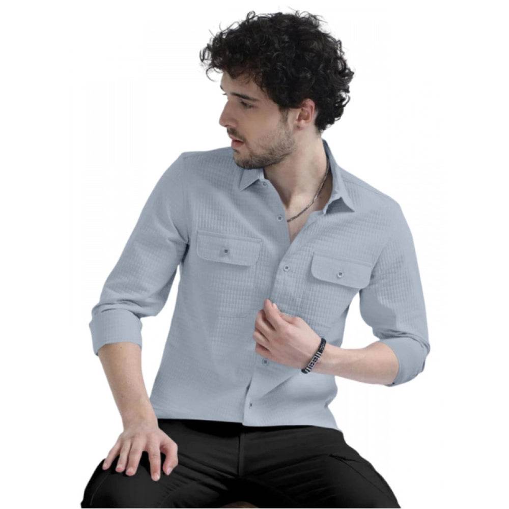 Generic Men's Casual Short Sleeve Striped Cotton Blended Shirt (Grey) - MYLUXURY LANE ENTERPRISE