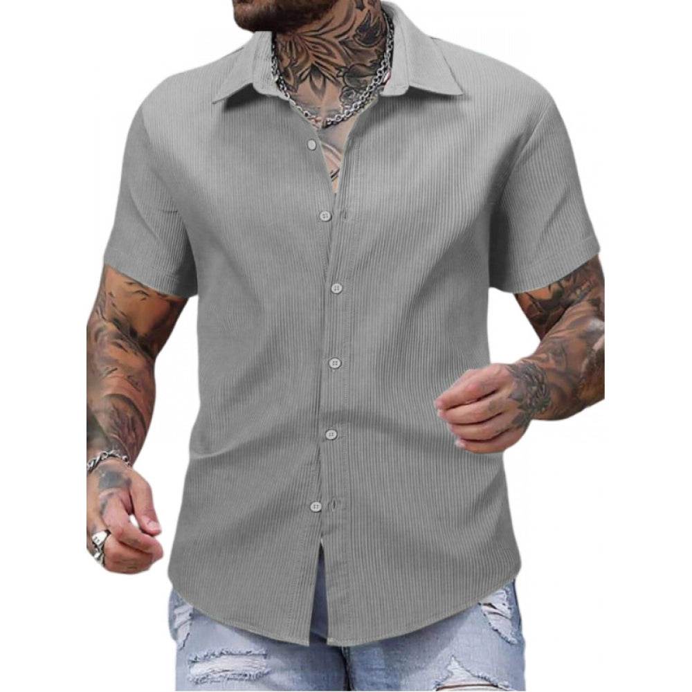 Generic Men's Casual Short Sleeve Striped Cotton Blended Shirt (Grey) - MYLUXURY LANE ENTERPRISE