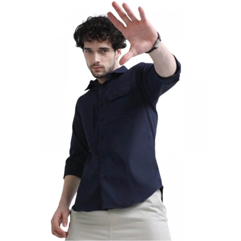 Generic Men's Casual Full Sleeve Striped Cotton Blended Shirt (Navy) - MYLUXURY LANE ENTERPRISE