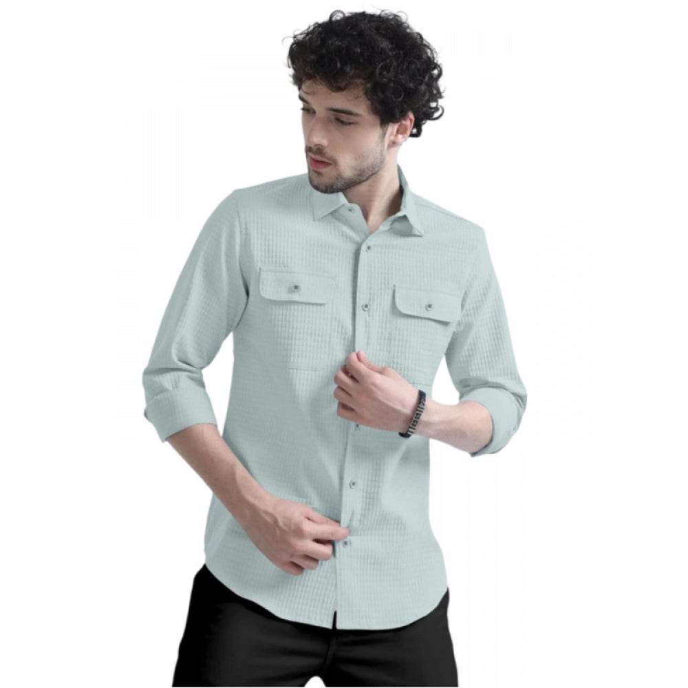 Generic Men's Casual Full Sleeve Striped Cotton Blended Shirt (Light Green) - MYLUXURY LANE ENTERPRISE