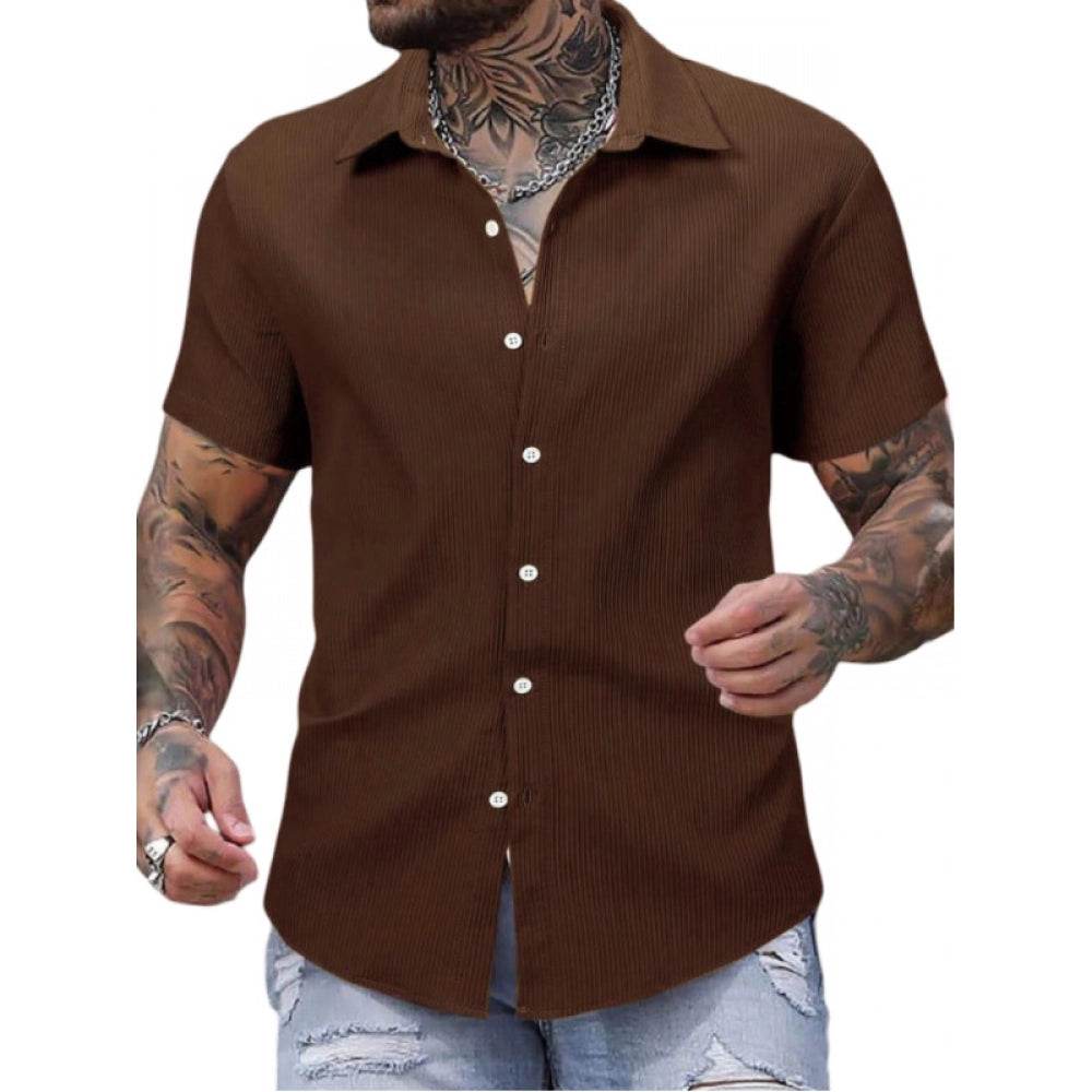 Generic Men's Casual Short Sleeve Striped Cotton Blended Shirt (Brown) - MYLUXURY LANE ENTERPRISE