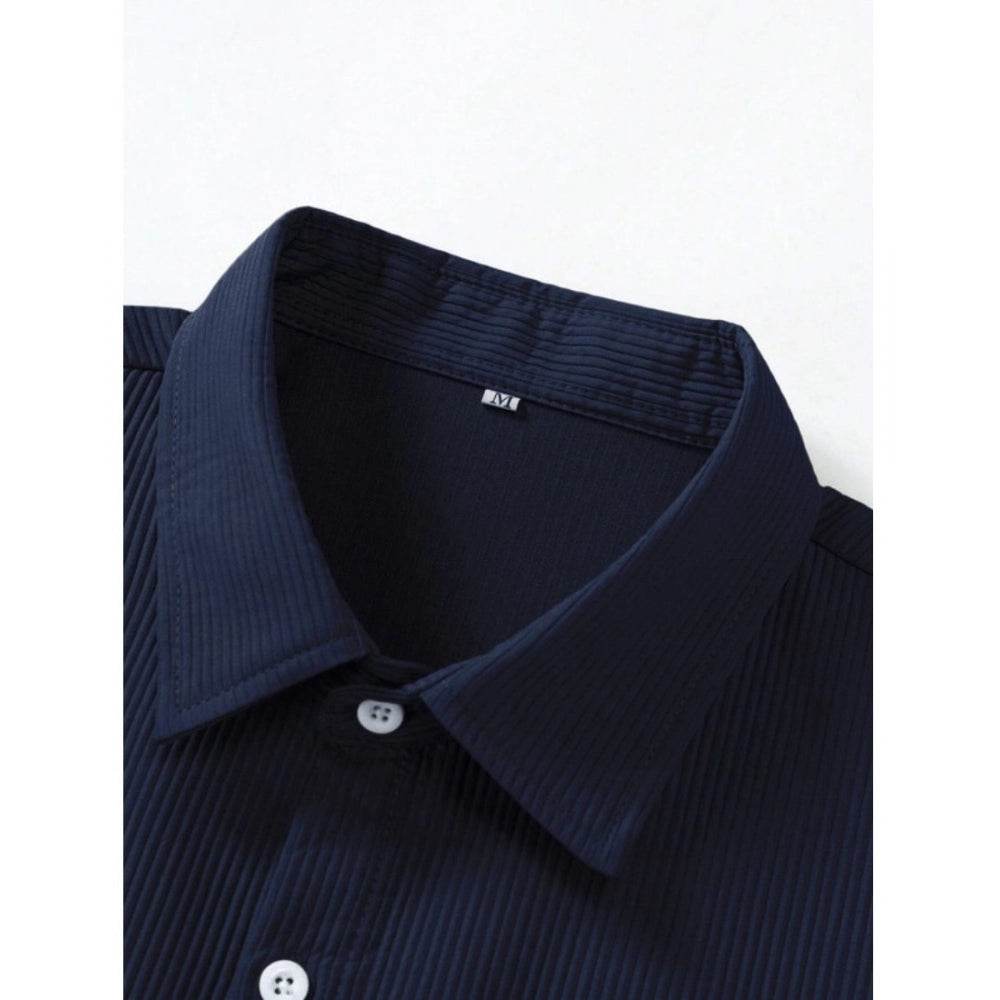 Generic Men's Casual Short Sleeve Striped Cotton Blended Shirt (Navy) - MYLUXURY LANE ENTERPRISE