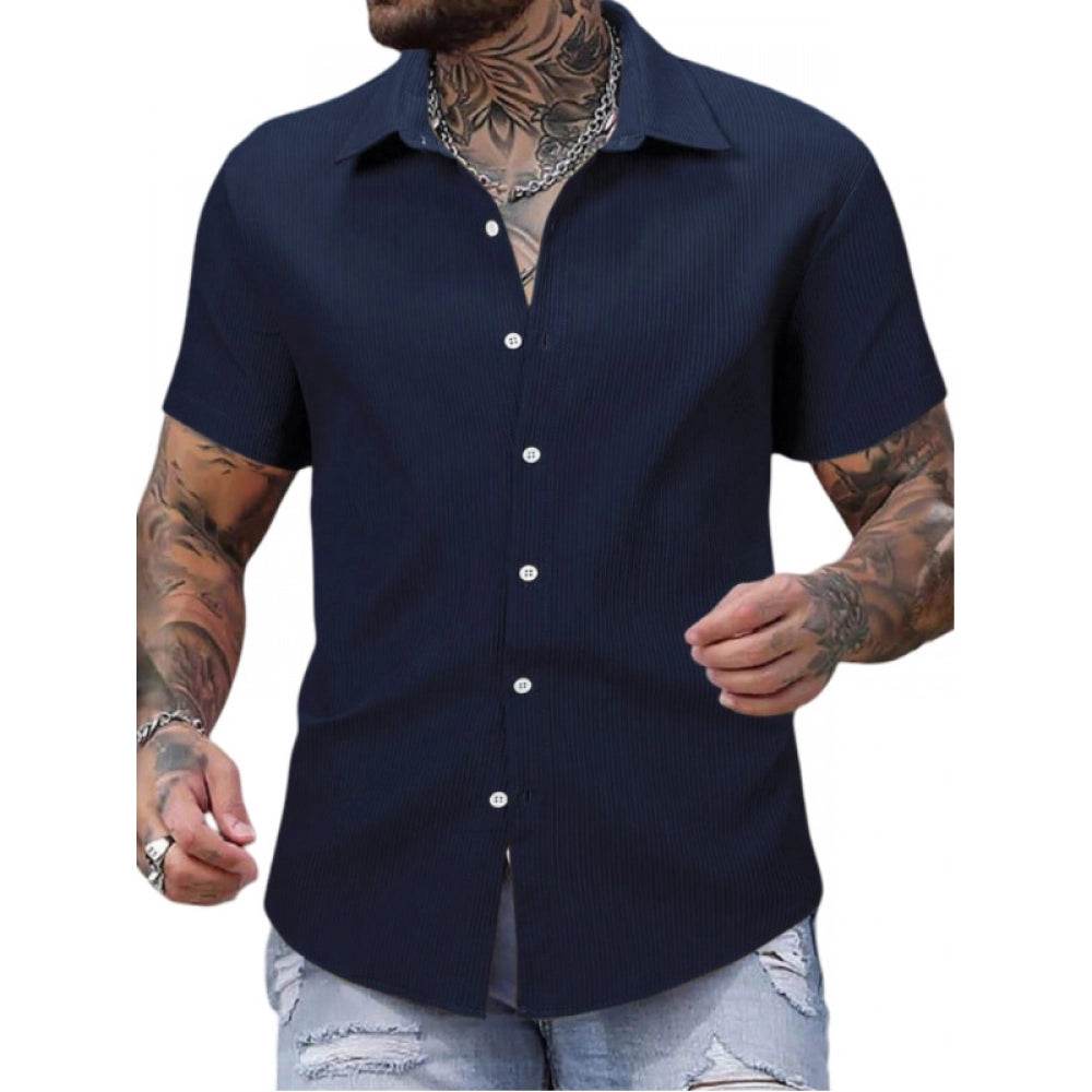 Generic Men's Casual Short Sleeve Striped Cotton Blended Shirt (Navy) - MYLUXURY LANE ENTERPRISE