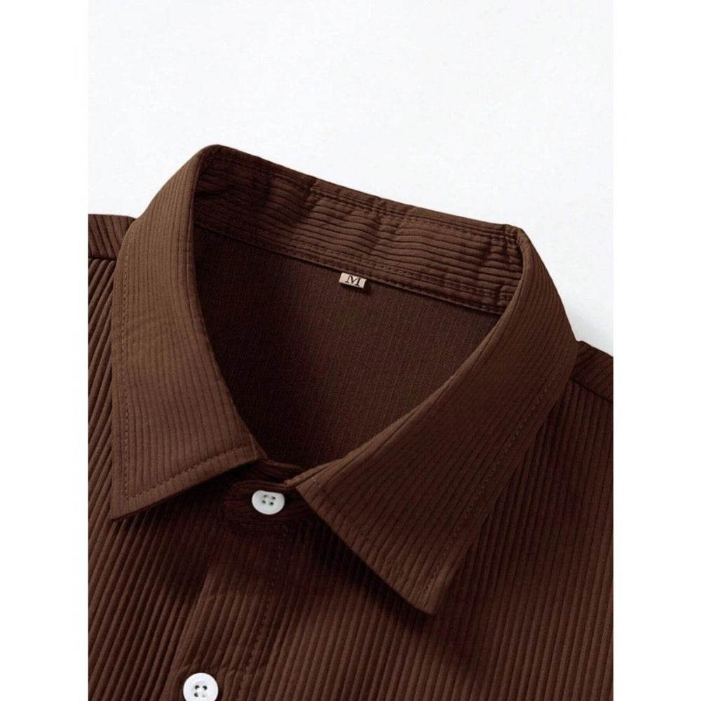 Generic Men's Casual Short Sleeve Striped Cotton Blended Shirt (Brown) - MYLUXURY LANE ENTERPRISE