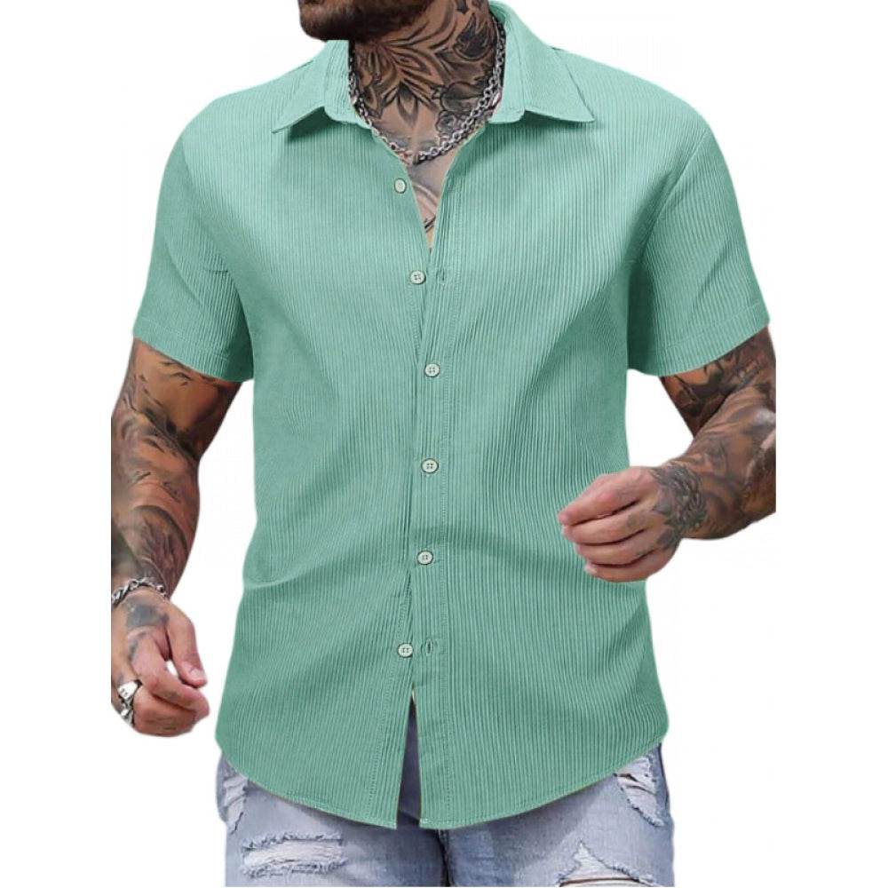Generic Men's Casual Short Sleeve Striped Cotton Blended Shirt (Green) - MYLUXURY LANE ENTERPRISE