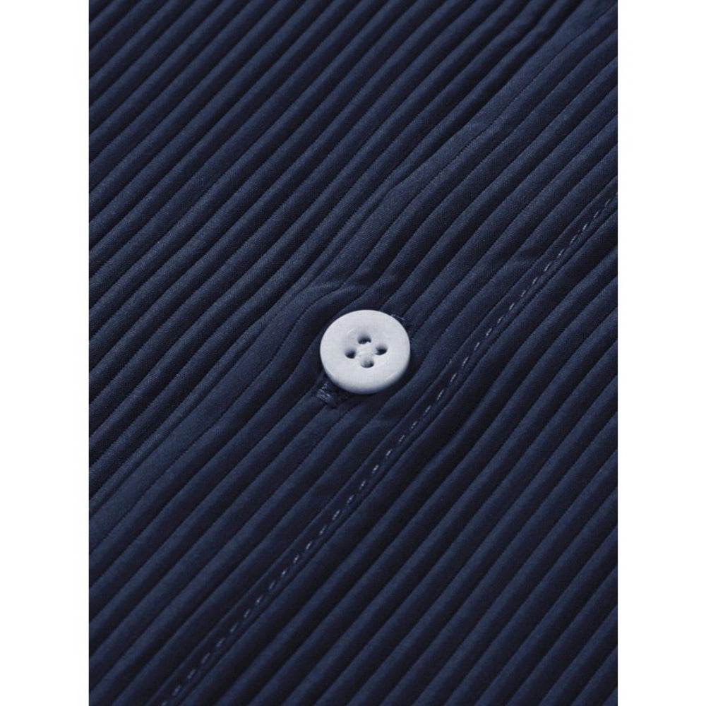 Generic Men's Casual Short Sleeve Striped Cotton Blended Shirt (Navy) - MYLUXURY LANE ENTERPRISE