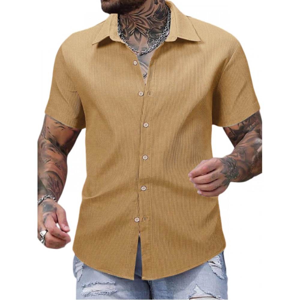 Generic Men's Casual Short Sleeve Striped Cotton Blended Shirt (Yellow) - MYLUXURY LANE ENTERPRISE