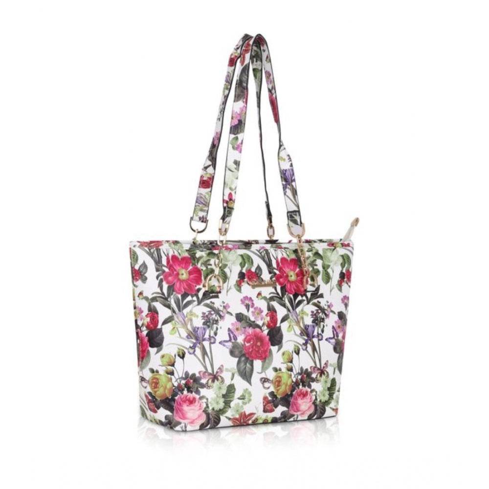 Generic Women's Faux Leather Printed Tote Bag (White Pink) - MYLUXURY LANE ENTERPRISE