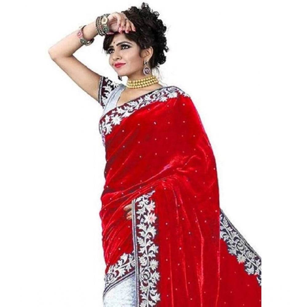 Generic Women's Velvet Embroidered Saree With Unstitched Blouse (Red, 5.5 Mtr) - MYLUXURY LANE ENTERPRISE