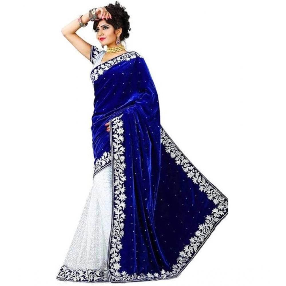 Generic Women's Velvet Embroidered Saree With Unstitched Blouse (Blue, 5.5 Mtr) - MYLUXURY LANE ENTERPRISE