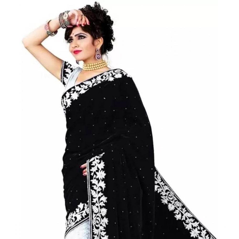 Generic Women's Velvet Embroidered Saree With Unstitched Blouse (Black, 5.5 Mtr) - MYLUXURY LANE ENTERPRISE