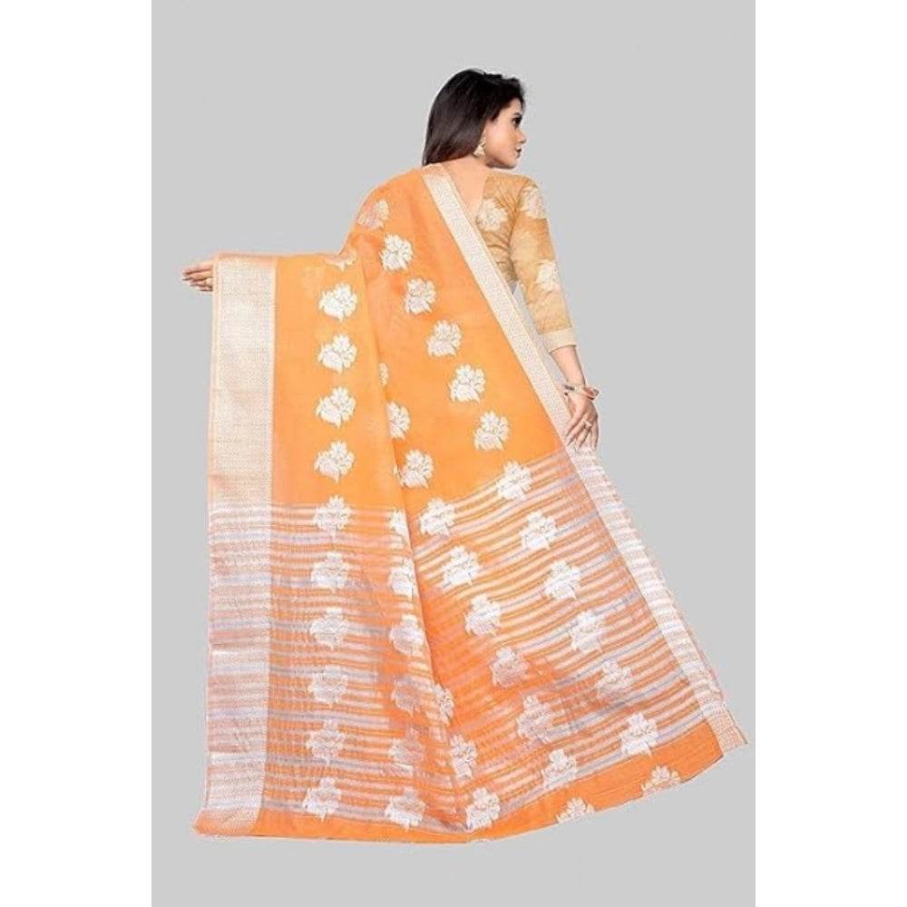 Generic Women's Cotton Silk Floral Saree With Unstitched Blouse (Orange, 5.5 Mtr) - MYLUXURY LANE ENTERPRISE