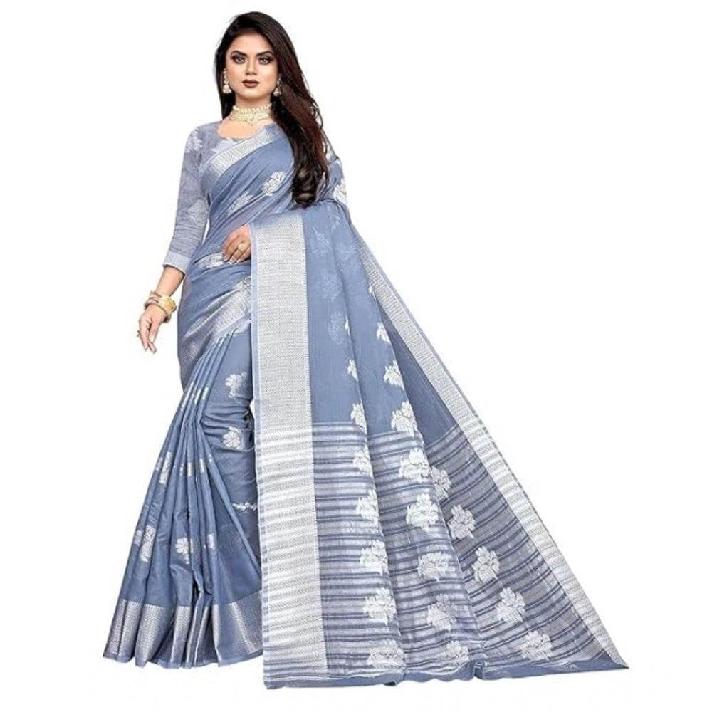 Generic Women's Cotton Silk Floral Saree With Unstitched Blouse (Grey, 5.5 Mtr) - MYLUXURY LANE ENTERPRISE