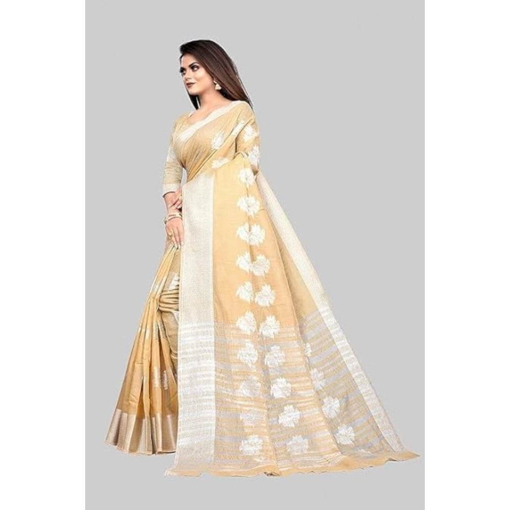 Generic Women's Cotton Silk Floral Saree With Unstitched Blouse (Beige, 5.5 Mtr) - MYLUXURY LANE ENTERPRISE