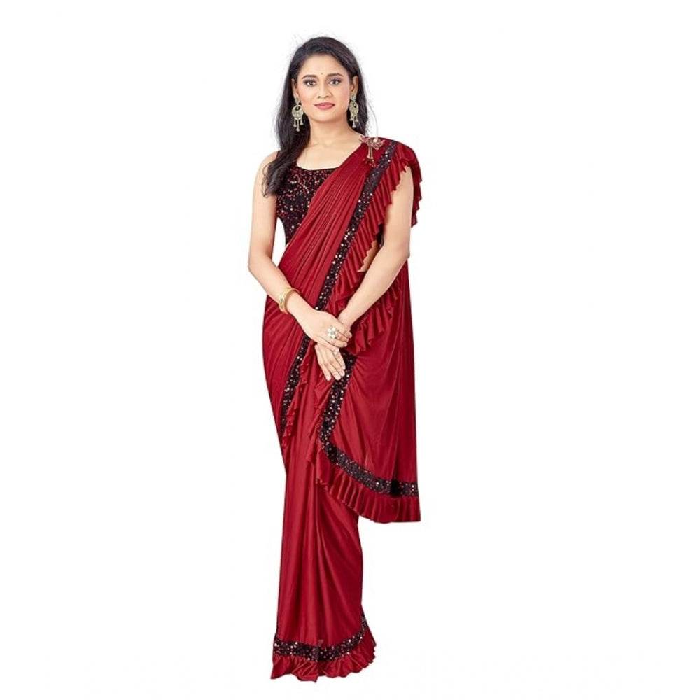 Generic Women's Lycra Solid Saree With Unstitched Blouse (Red, 5.5 Mtr) - MYLUXURY LANE ENTERPRISE