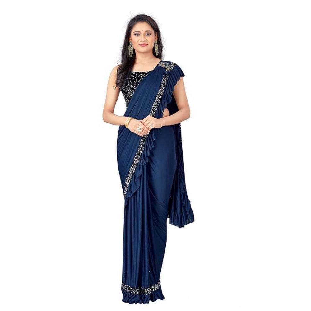 Generic Women's Lycra Solid Saree With Unstitched Blouse (Nay Blue, 5.5 Mtr) - MYLUXURY LANE ENTERPRISE