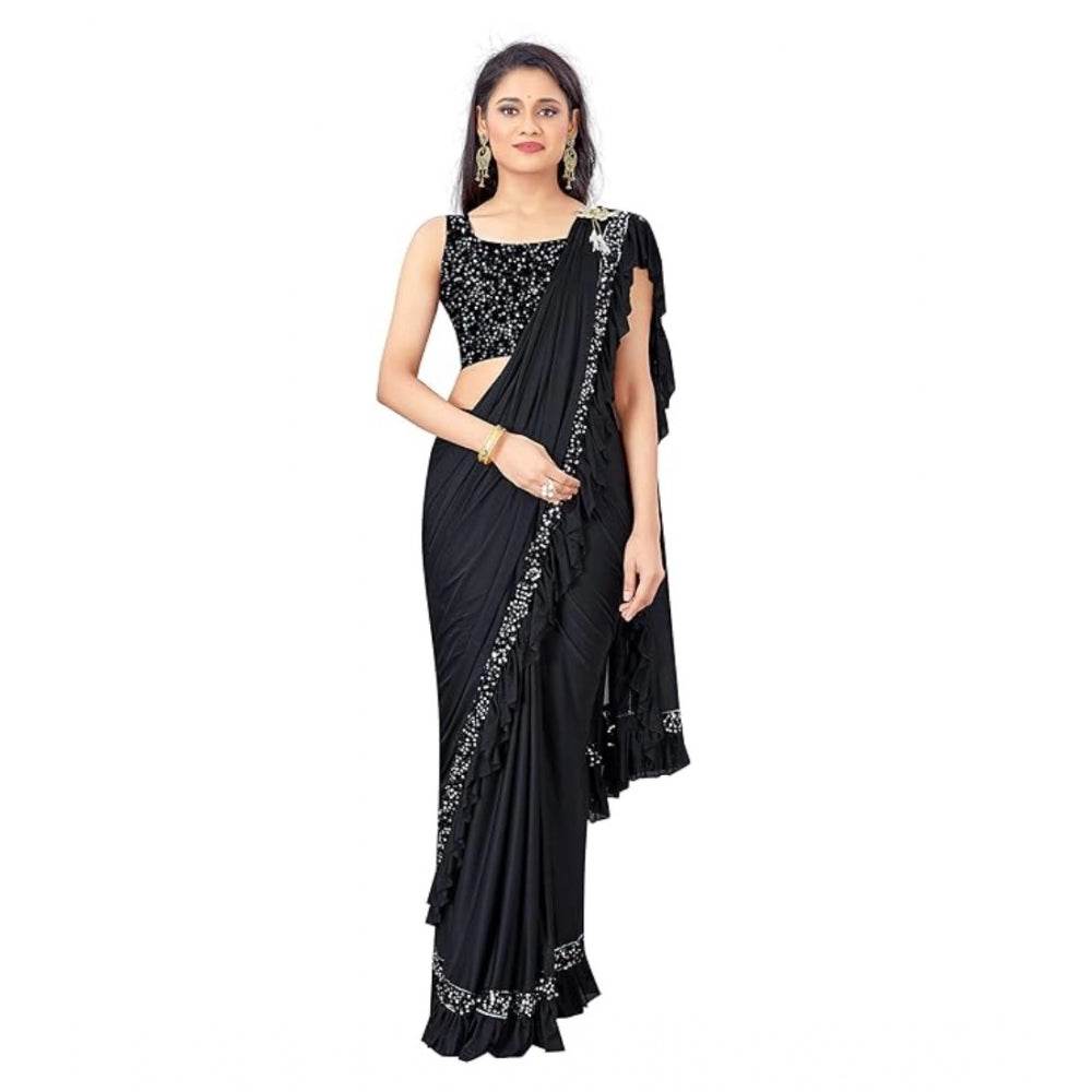Generic Women's Lycra Solid Saree With Unstitched Blouse (Black, 5.5 Mtr) - MYLUXURY LANE ENTERPRISE